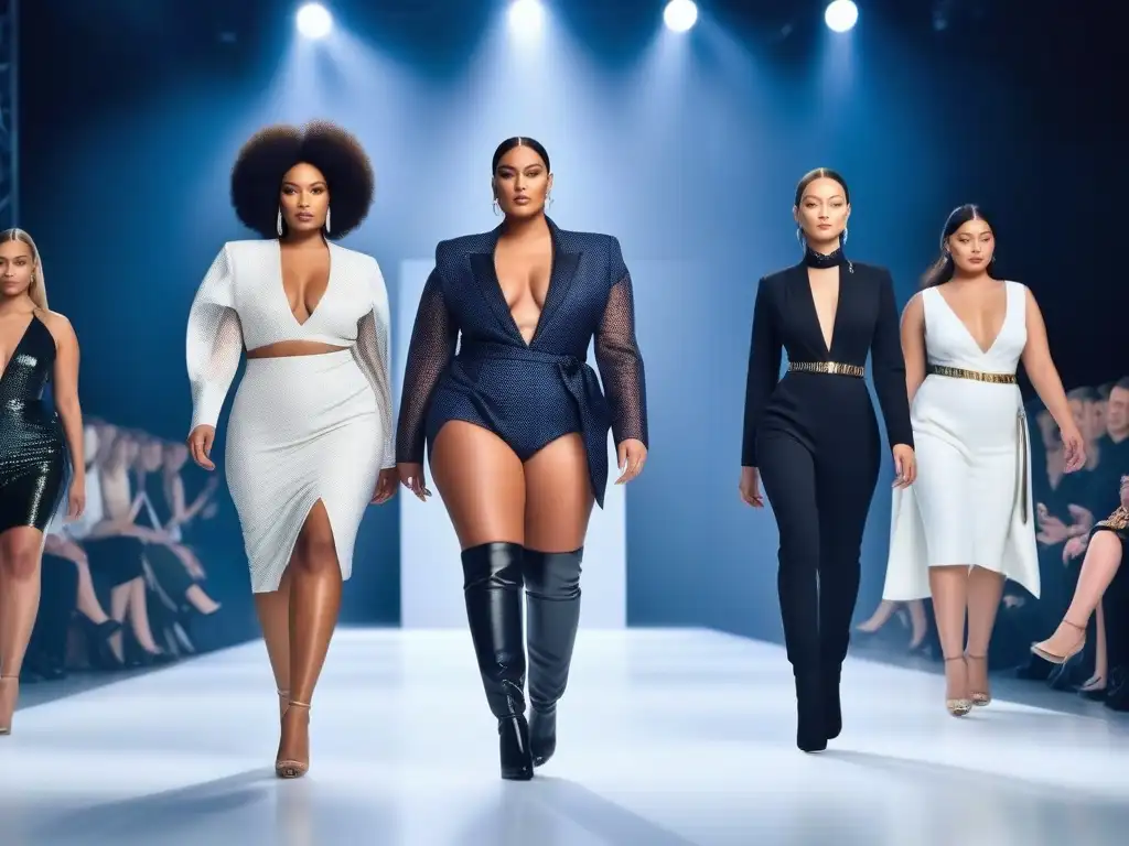 Desfile de moda inclusivo: modelos diversos desfilan con confianza en pasarela Desfile de moda inclusivo con modelos de moda diversidad cuerpos caminando con confianza por la pasarela, representando empoderamiento y belleza única