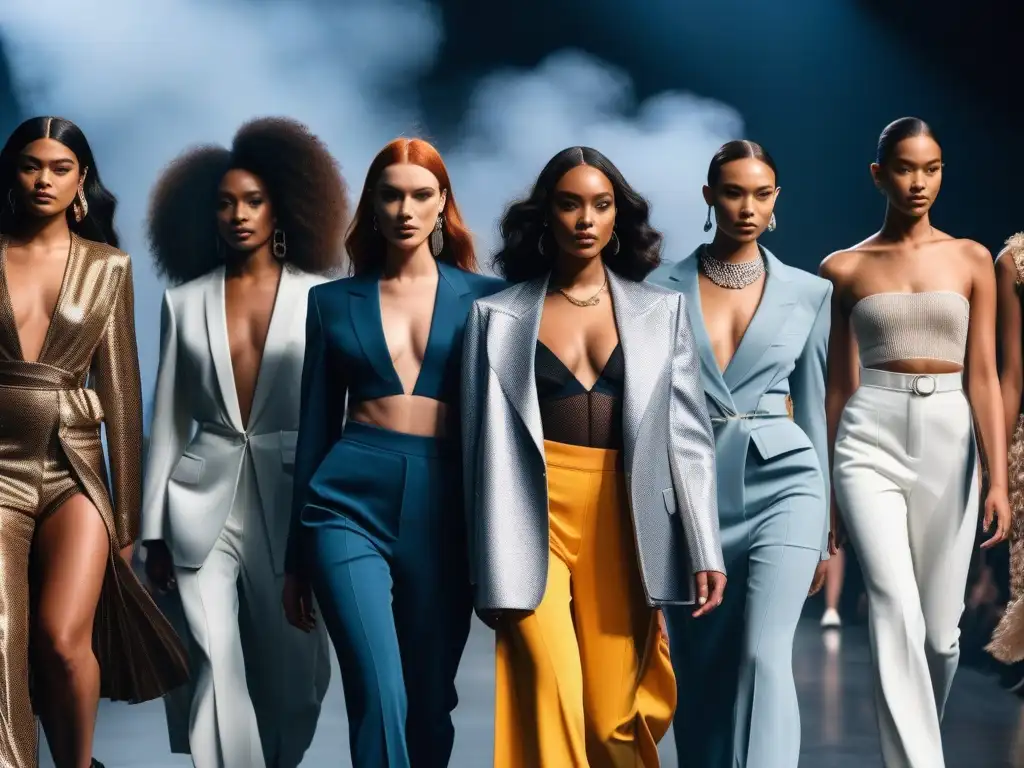 Desfile de moda inclusivo: diversidad y elegancia en la pasarela Desfile de moda inclusivo: modelos de diversas razas, géneros y cuerpos caminan juntos en la pasarela, exhibiendo una colección moderna y variada