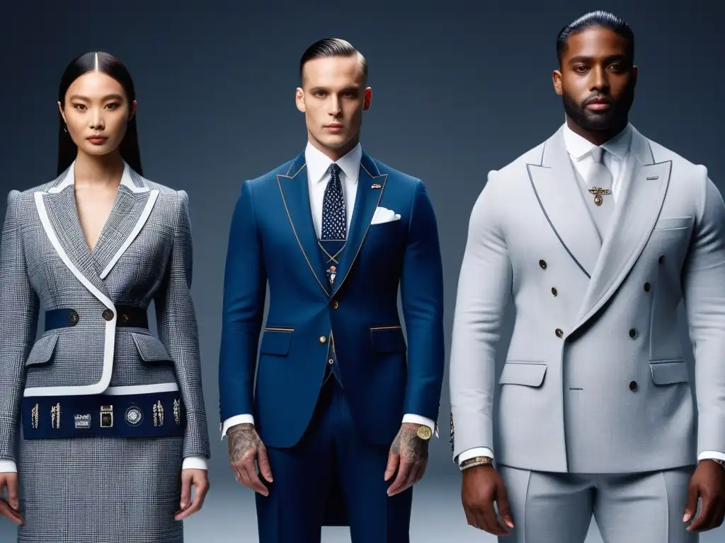 Desfile de moda diverso y elegante en pasarela de Thom Browne Desfile de moda inclusivo con modelos de diversas tallas y etnias, luciendo diseños de lujo de Thom Browne