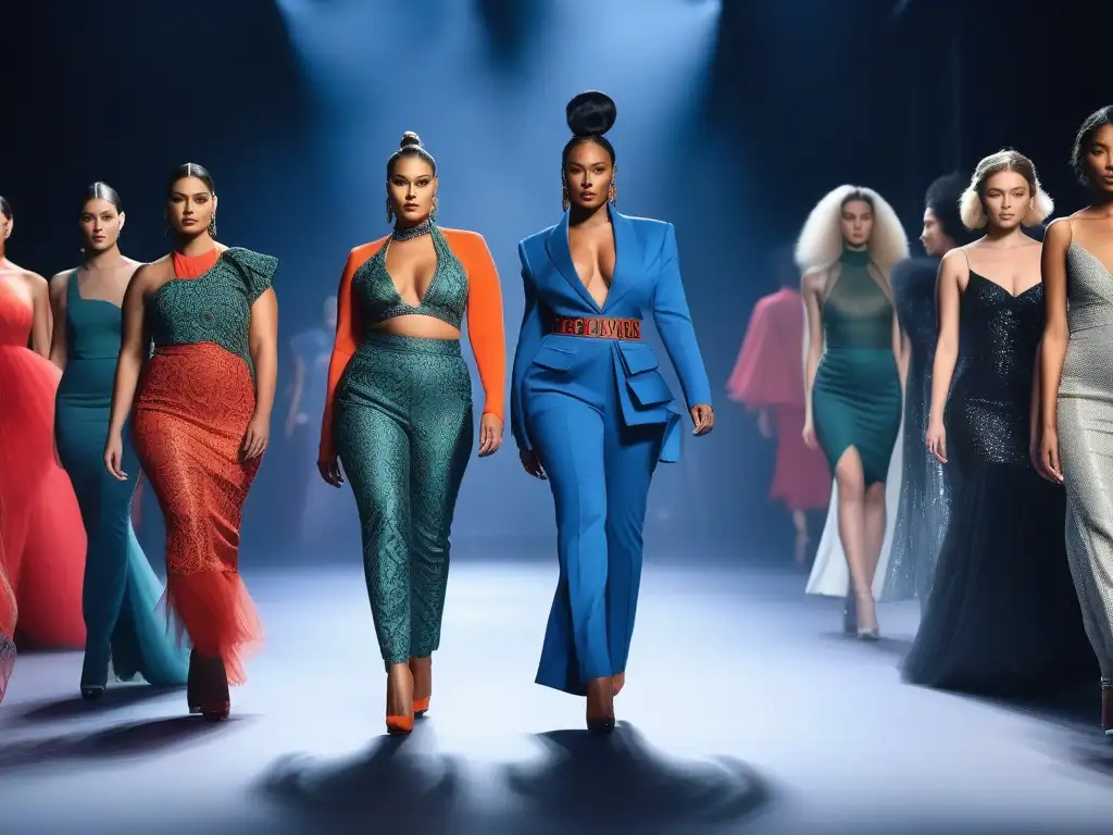 Desfile inclusivo con moda diversa y futurista Desfile de moda inclusivo con modelos diversos luciendo diseños únicos en una pasarela futurista