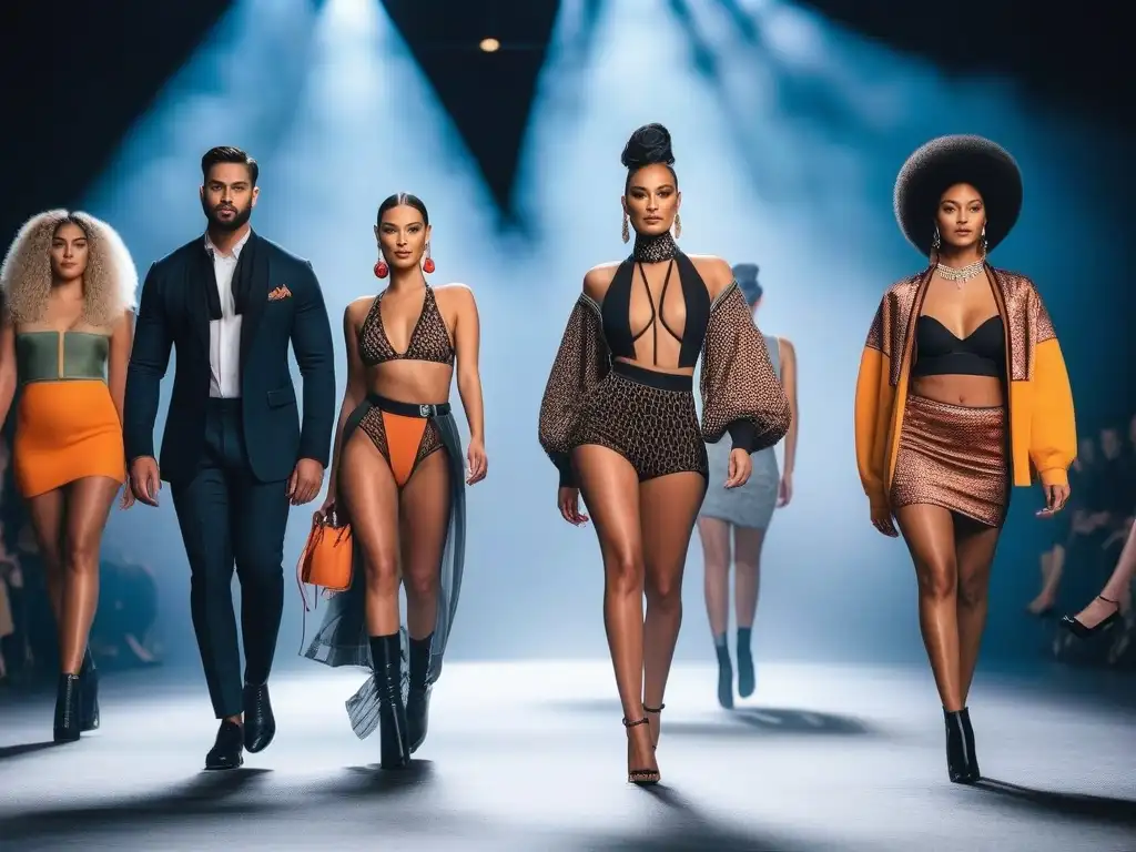 Desfile de moda diverso y glamoroso: modelos únicos en pasarela brillante Desfile de moda inclusivo con modelos diversos caminando con confianza en una pasarela moderna y elegante