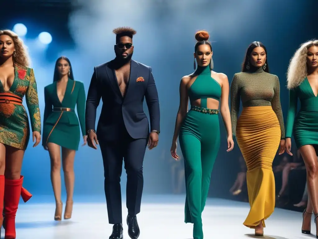 Desfile inclusivo: moda diversa y empoderada en pasarela futurista Desfile de moda inclusivo con modelos diversos luciendo diseños únicos y coloridos en una pasarela futurista