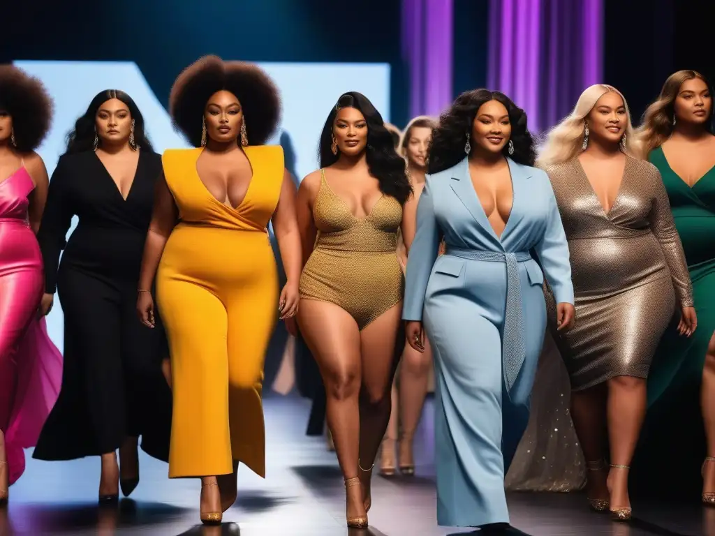Desfile moda tallas grandes: diversidad y empoderamiento Desfile de moda inclusivo con modelos de tallas grandes seguras y elegantes, representando diversidad y empowerment