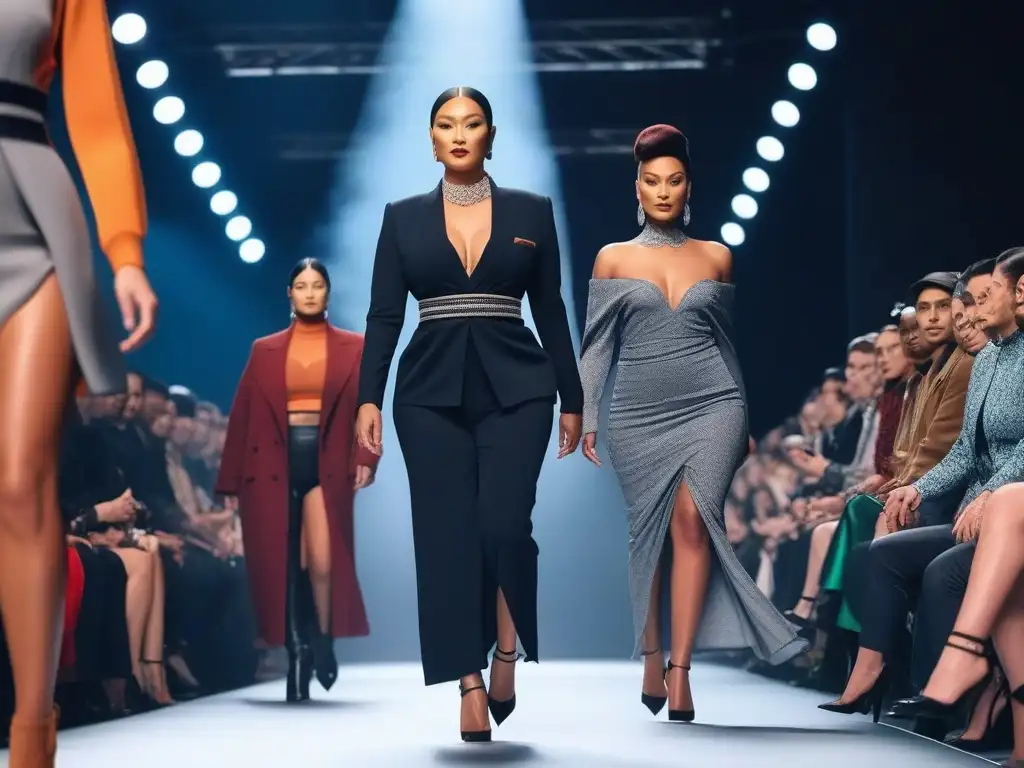 Desfile moda inclusiva: diversidad y estilo en la pasarela Desfile de moda inclusivo con modelos de diversas edades, etnias y tipos de cuerpo luciendo Ropa adaptativa para todos cuerpos en una pasarela futurista y brillante