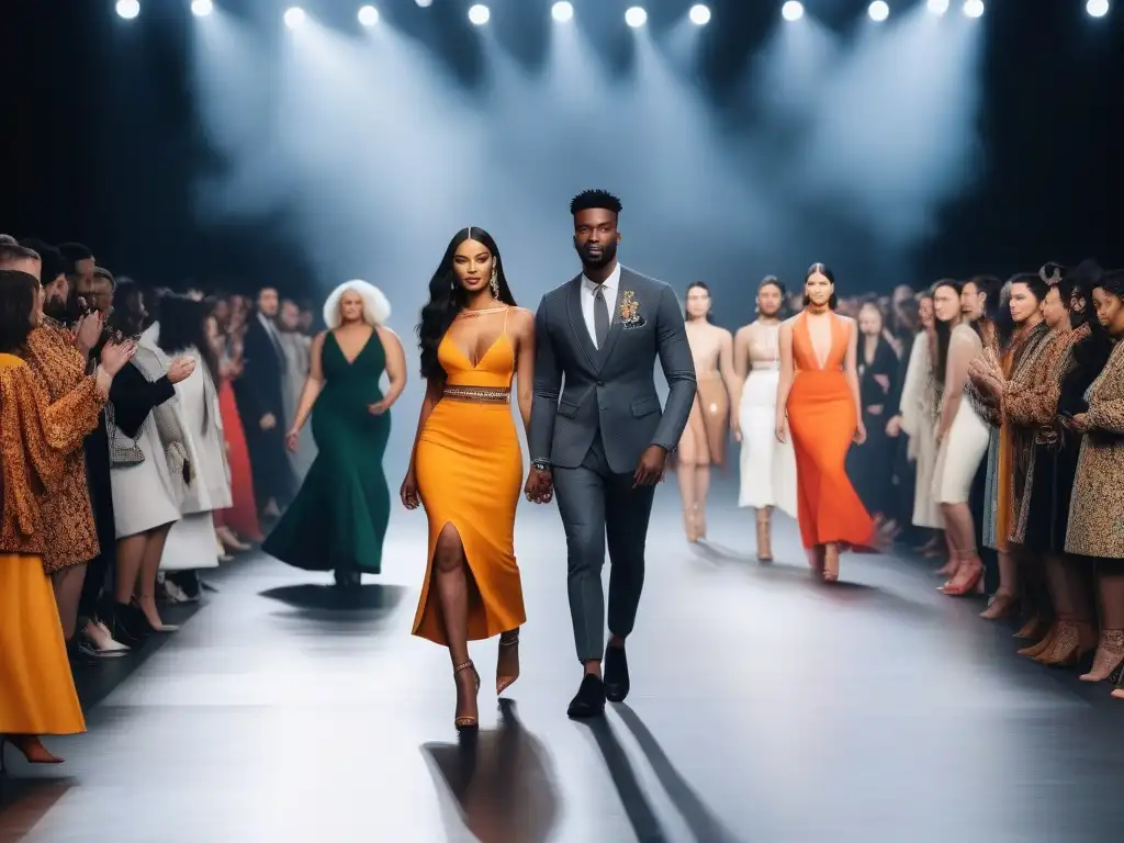 Desfile inclusivo: moda sostenible y diversidad en la pasarela Desfile de moda inclusivo con modelos de diferentes tallas y razas, unidos en la pasarela