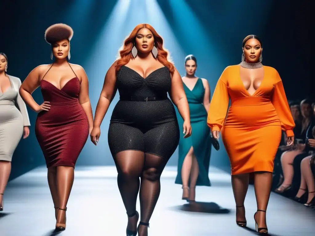Diseño plussize: modelos seguras desfilan con estilo Un desfile de moda inclusivo con modelos de tallas grandes, mostrando belleza y confianza