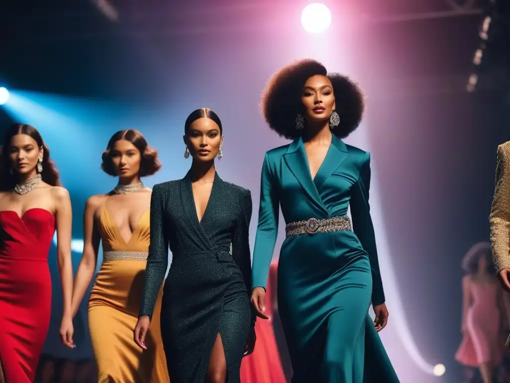 Desfile de moda inclusivo con modelos de distintas etnias Un desfile de moda inclusivo con modelos petite de diversas etnias caminando con confianza en la pasarela, iluminados por luces brillantes
