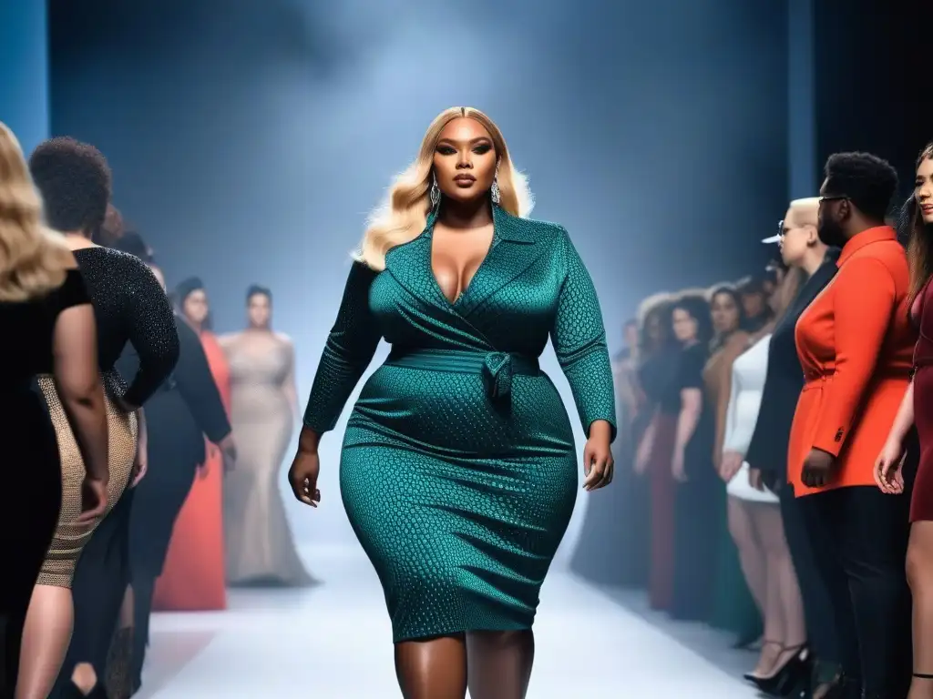 Desfile de moda inclusivo con modelos de talla grande empoderadas Desfile de moda inclusivo con modelos plus size deslumbrando en la pasarela, rodeados de una audiencia diversa y entusiasta