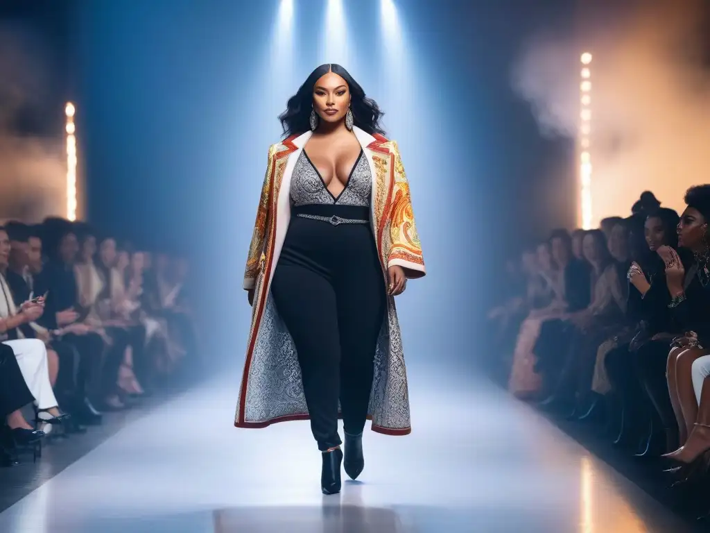 Desfile de moda inclusivo con modelos diversos caminando con confianza por la pasarela, luciendo diseños elegantes