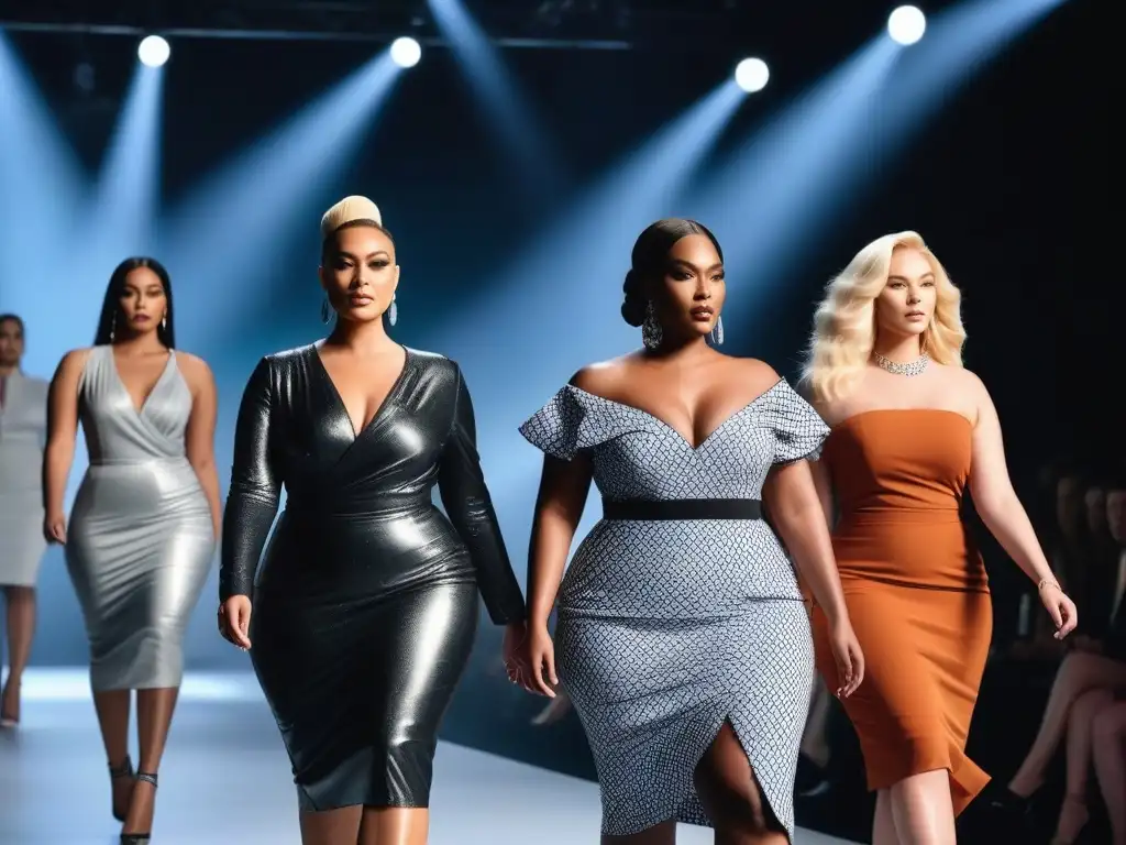Desfile de moda plussize: diversidad y elegancia Un desfile de moda inclusivo con modelos plussize de diversas etnias y estilos, exhibiendo diseños atrevidos y modernos