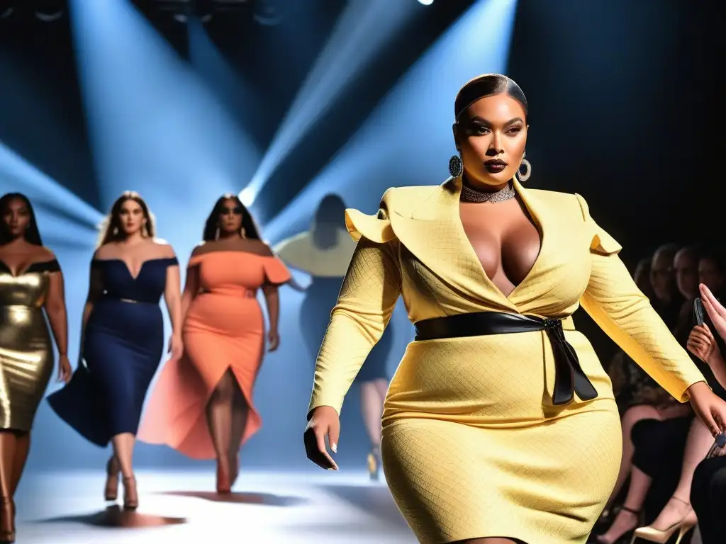 Desfile de moda plus size: diversidad y estilo en la pasarela Desfile de moda inclusivo con modelos de tallas grandes luciendo diseños elegantes y modernos en una pasarela brillante