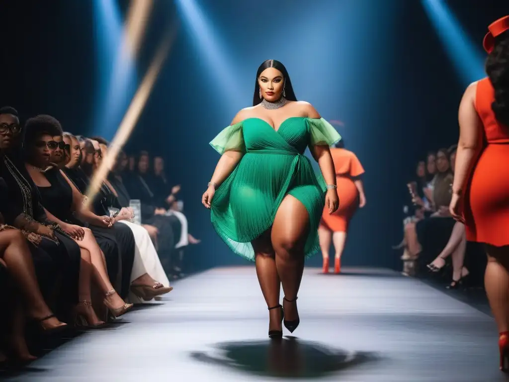 Desfile de moda inclusivo con modelos tallas grandes empoderadas Un desfile de moda inclusivo con modelos de tallas grandes seguras luciendo diseños elegantes en una pasarela moderna y luminosa