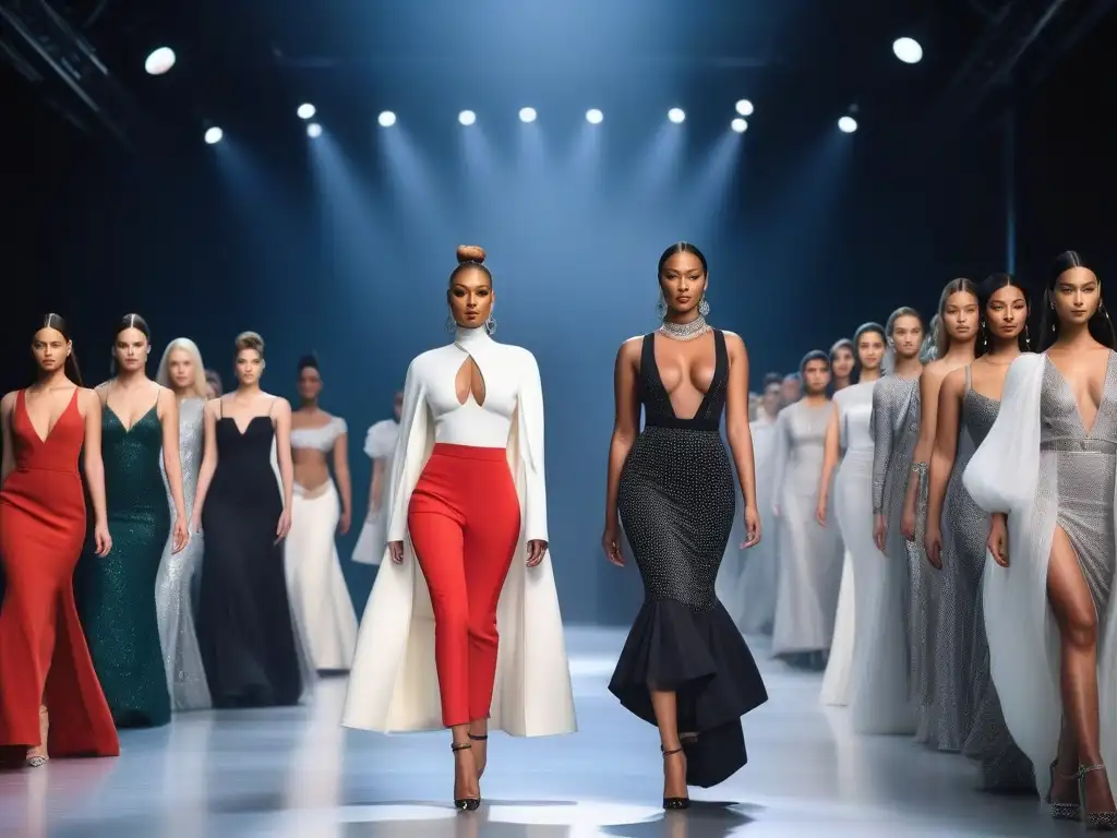 Desfile de moda inclusivo: diversidad y estilo en pasarela Desfile de moda inclusivo con modelos diversos exhibiendo confianza y estilo únicos en una pasarela futurista y vanguardista