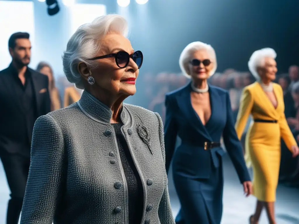 Elegancia senior: desfile de moda inclusivo y sofisticado Desfile de moda inclusivo con modelos seniors mostrando elegancia y estilo