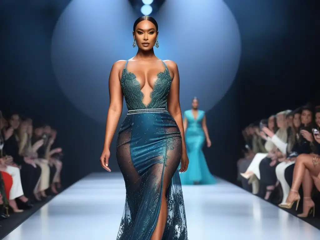 Desfile de moda inclusivo: modelos empoderadas en la pasarela Desfile de moda inclusivo con modelos de todos los tipos de cuerpo mostrando diseños elegantes en una pasarela moderna y luminosa