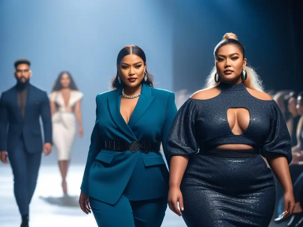 Desfile de moda inclusivo con modelos diversos y empoderados Un desfile de moda inclusivo con modelos de diversas tallas, etnias y géneros caminando con confianza en la pasarela, luciendo atuendos modernos y empoderados