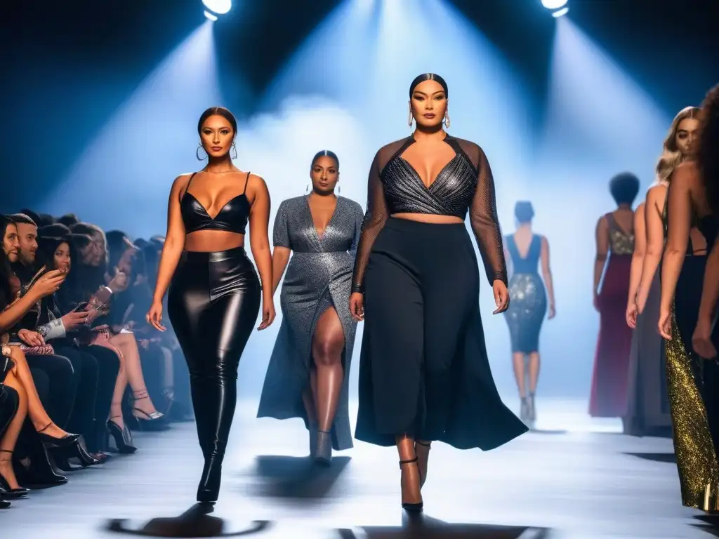 Desfile de moda inclusivo: diversidad y estilo en la pasarela Desfile de moda inclusivo con modelos de diferentes tallas, etnias y habilidades desfilando con confianza en diseños elegantes