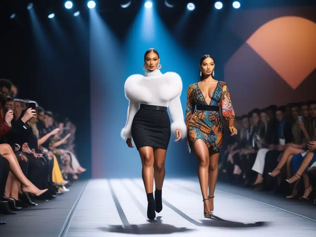 Pasarela inclusiva: moda diversa y empoderadora Un desfile de moda inclusivo con modelos de tallas especiales luciendo diseños elegantes y diversos en una pasarela vibrante