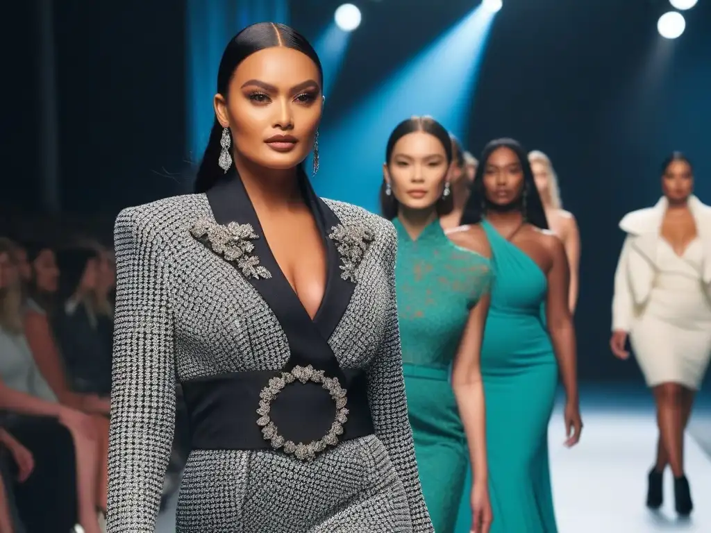 Desfile de moda inclusivo y diverso: modelos confiados en la pasarela Un desfile de moda inclusivo con modelos de tallas especiales desfilando con confianza y estilo en una pasarela de alta costura