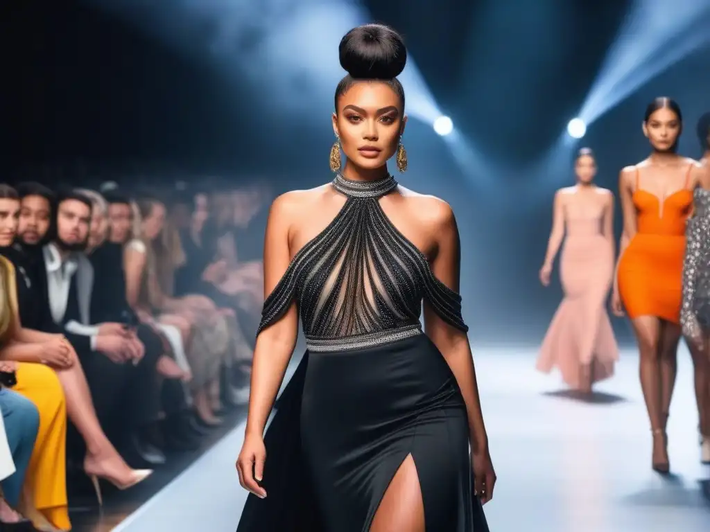 Pasarela de moda inclusiva: diversidad y estilo en escena Desfile de moda inclusivo con modelos de tallas especiales desfilando con confianza y estilo en una pasarela brillante y moderna, mientras una audiencia diversa observa con admiración y aprecio