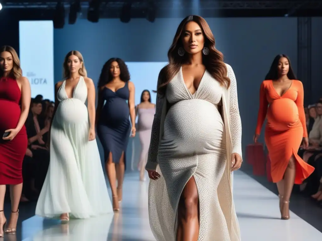 Desfile de moda: Maternidad inclusiva y empoderada Desfile de moda inclusivo con mujeres embarazadas de diversas etnias y tallas, irradiando empoderamiento y gracia en la pasarela