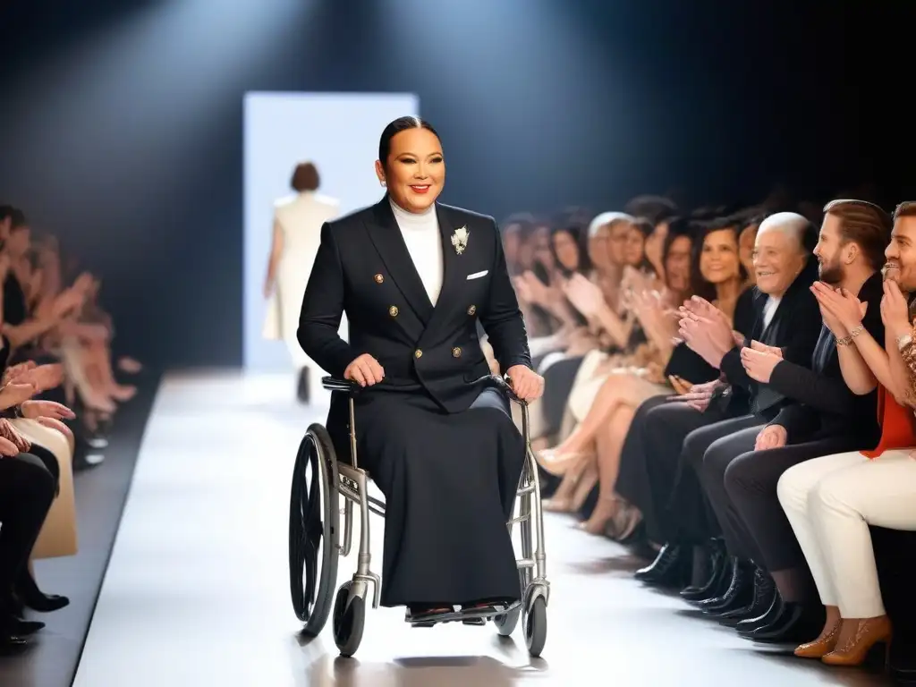 Desfile de moda inclusivo con personas diversas y adaptadas Desfile de moda inclusivo con personas con discapacidad y público diverso aplaudiendo