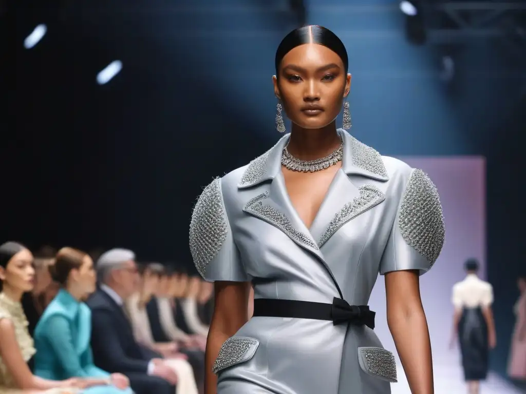Desfile de moda inclusivo de Prada: diversidad y elegancia en la pasarela Desfile de moda inclusivo de Prada con modelos diversos caminando en la pasarela mientras se proyectan mensajes de inclusión