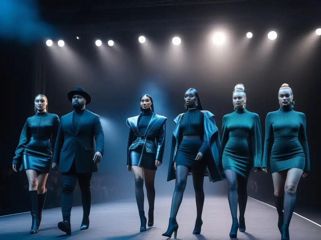 Desfile de moda sostenible: diversidad y estilo eco-chic Un desfile de moda inclusivo y sostenible, con modelos de todos los cuerpos y fondos, luciendo prendas innovadoras