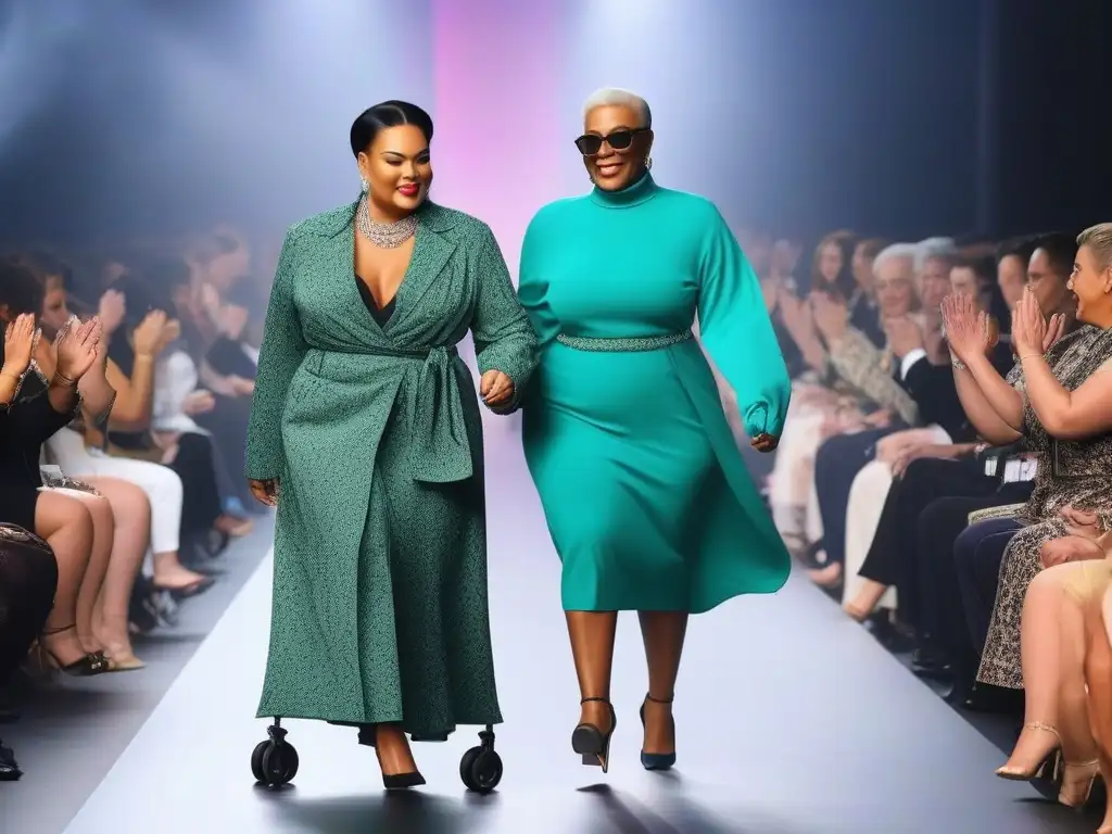Desfile de moda inclusivo: diversidad y empoderamiento en la pasarela Desfile moda inclusivo tallas especiales: Modelos diversos desfilan con empoderamiento y estilo, audiencia emocionada aplaude