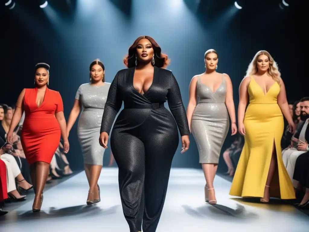 Desfile de moda inclusivo para tallas altas: empoderamiento en la pasarela Desfile de moda inclusivo para tallas altas con modelos seguras y diversas en una pasarela moderna, reflejando la inclusión en la industria de la moda