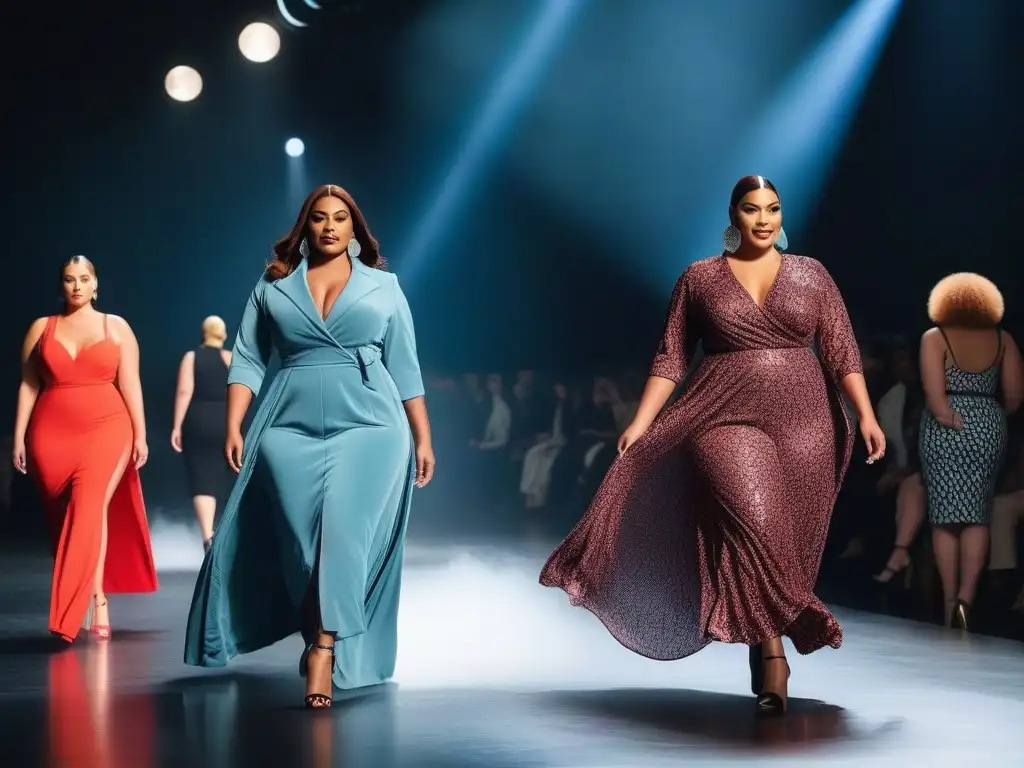 Desfile de moda inclusivo con modelos de tallas grandes Desfile de moda inclusivo de tallas grandes con modelos seguras y elegantes en una pasarela brillante