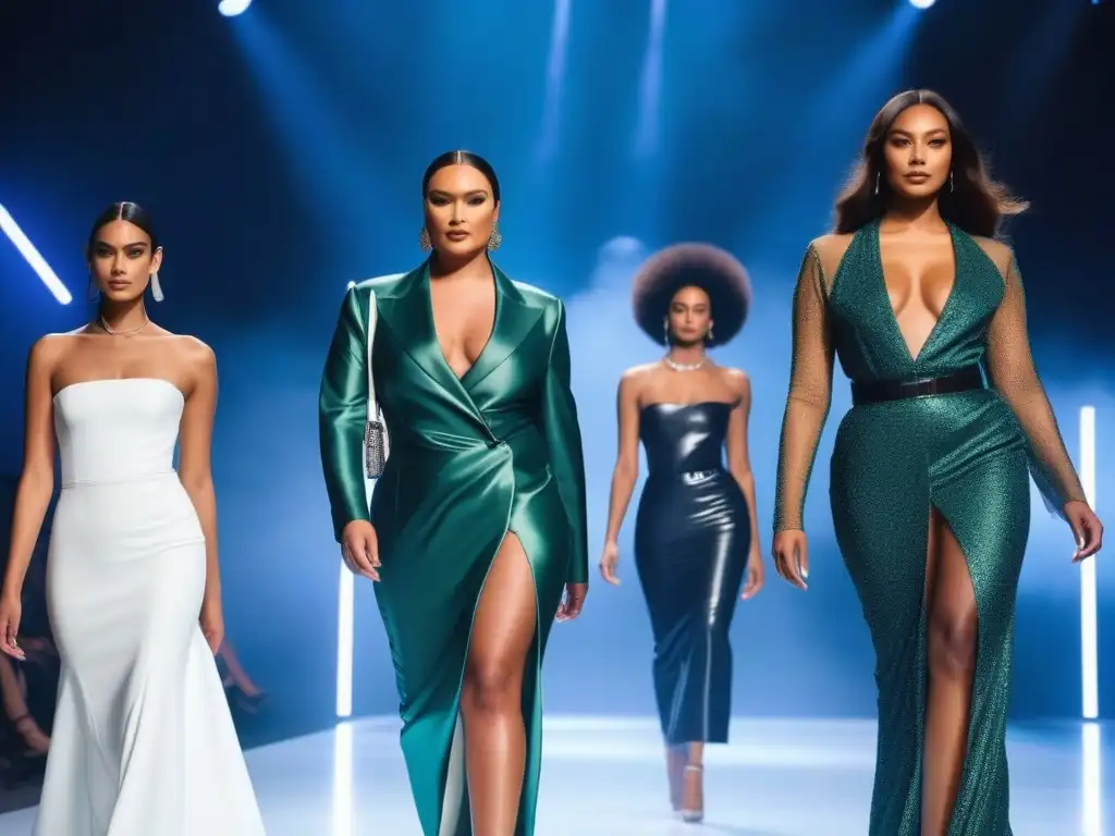 Desfile inclusivo: moda trendy en pasarela futurista Desfile de moda inclusivo todas tallas alturas: modelos seguras y elegantes luciendo diseños trendy en una pasarela futurista y luminosa