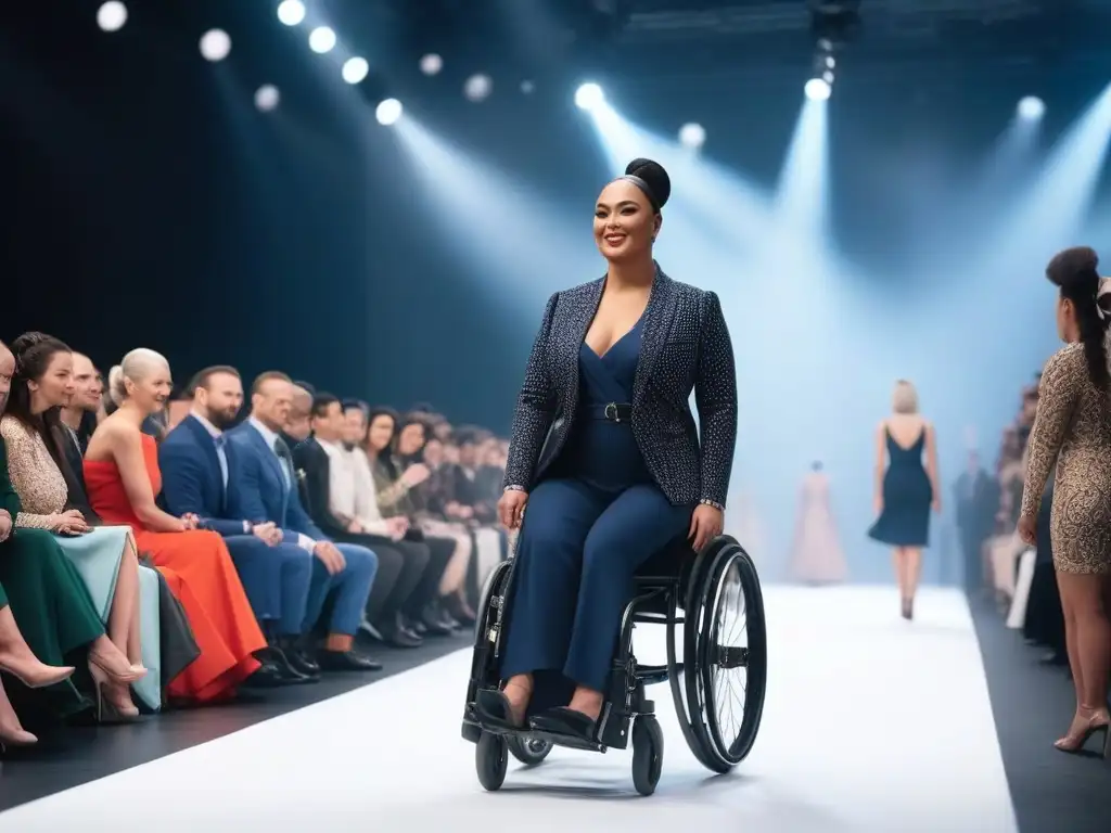 Desfile inclusivo de moda adaptativa: diversidad y empoderamiento Desfile de moda inclusivo con vestuario adaptativo para autoestima, personas con discapacidad caminan seguras por la pasarela entre aplausos y alegría