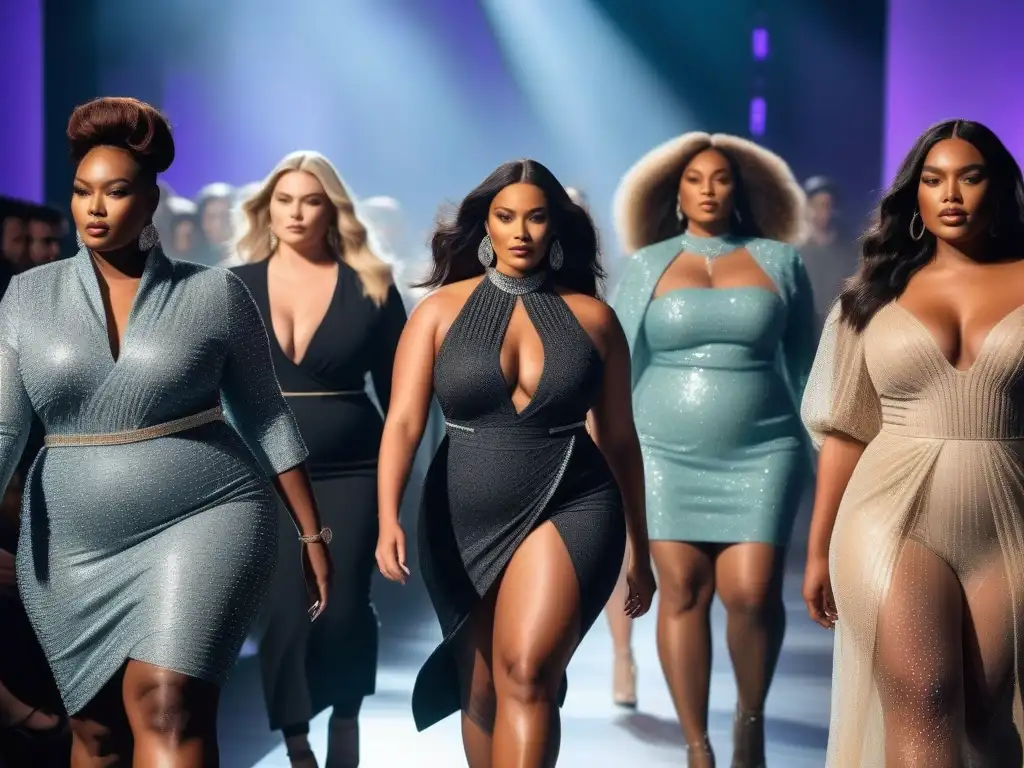 Desfile de moda: Modelos plus size seguras y elegantes Un desfile de moda inclusivo y vibrante con modelos de tallas grandes confiadas y estilosas, mostrando diseños trendy