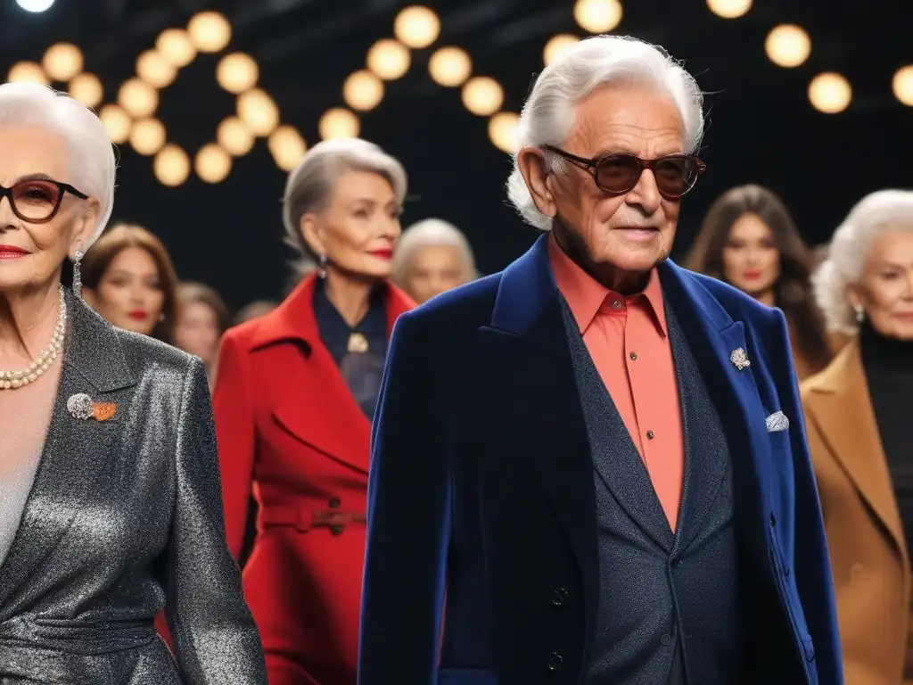 Desfile de moda senior: elegancia sin límites Desfile de moda seniors inclusivos en evento elegante y trendy, irradiando confianza y sofisticación ante un público diverso y entusiasta