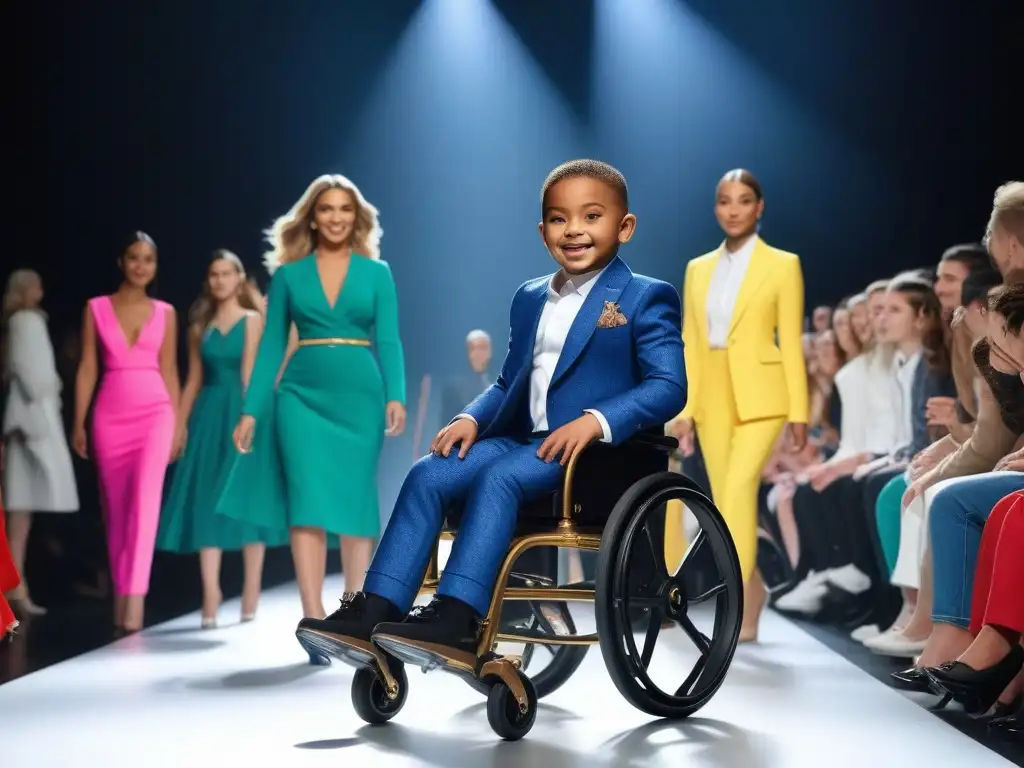 Desfile de moda infantil adaptativa inclusiva con niños diversos empoderados en la pasarela moderna y brillante