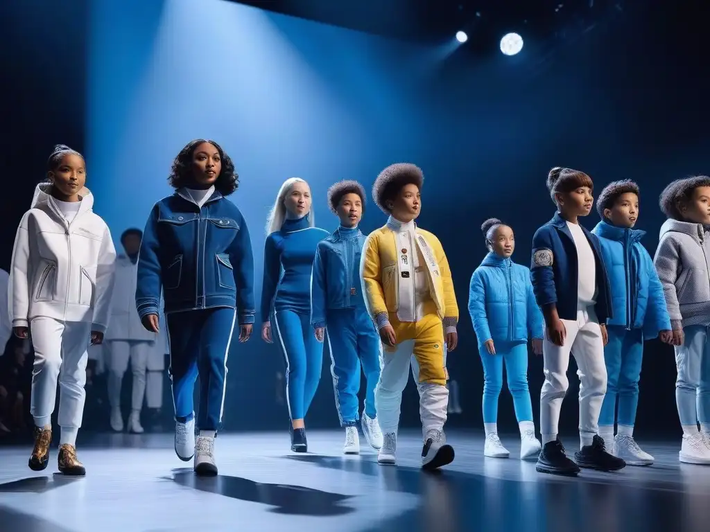Desfile de moda futurista: niños diversos con atuendos innovadores Un desfile de moda infantil en la era digital: niños diversos lucen diseños innovadores y mensajes inclusivos en la pasarela
