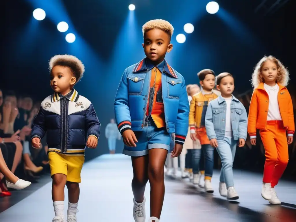 Desfile de moda infantil: diversidad y estilo en la pasarela Un desfile de moda infantil 2023 diverso y creativo, con niños luciendo estilos trendy en una pasarela iluminada