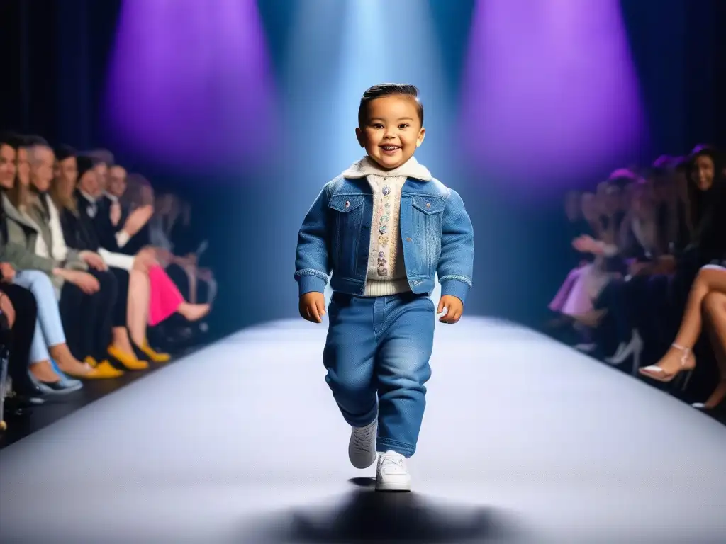 Desfile moda infantil: niños felices luciendo ropa trendy tallas grandes Desfile de moda infantil plus size exclusiva con niños sonrientes y seguros en una pasarela moderna y luminosa