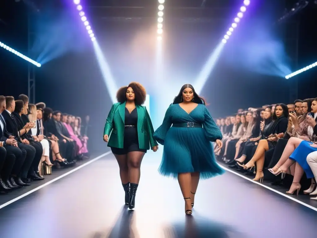 Desfile moda plussize infantil: inclusivo y empoderador Desfile de moda infantil plus size exclusiva con niños seguros y diversos en outfits modernos, bajo luces brillantes y fondo futurista