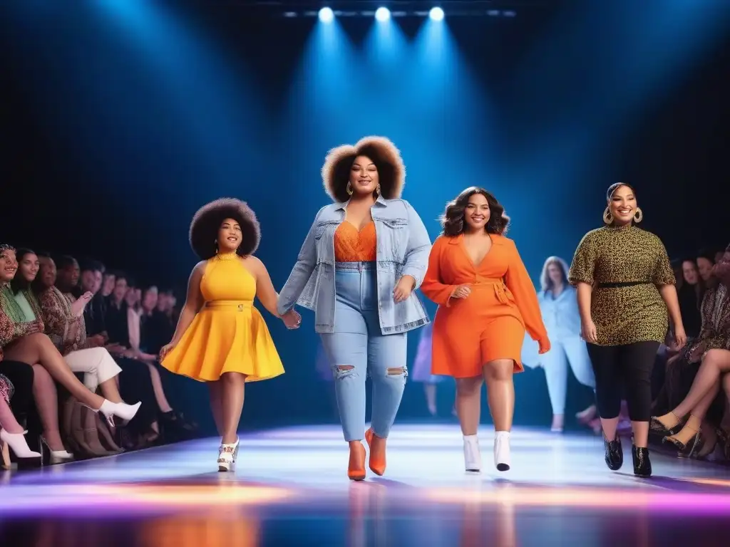Desfile de moda inclusivo para niños plus size Un desfile de moda infantil plus size exclusiva, niños diversos riendo y jugando con confianza en una pasarela vibrante y colorida