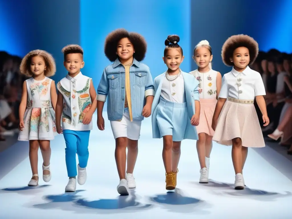 Desfile inclusivo de moda infantil: diversidad y estilo Desfile de moda infantil inclusiva con niños de diversas etnias y habilidades caminando con confianza por la pasarela de la ciudad
