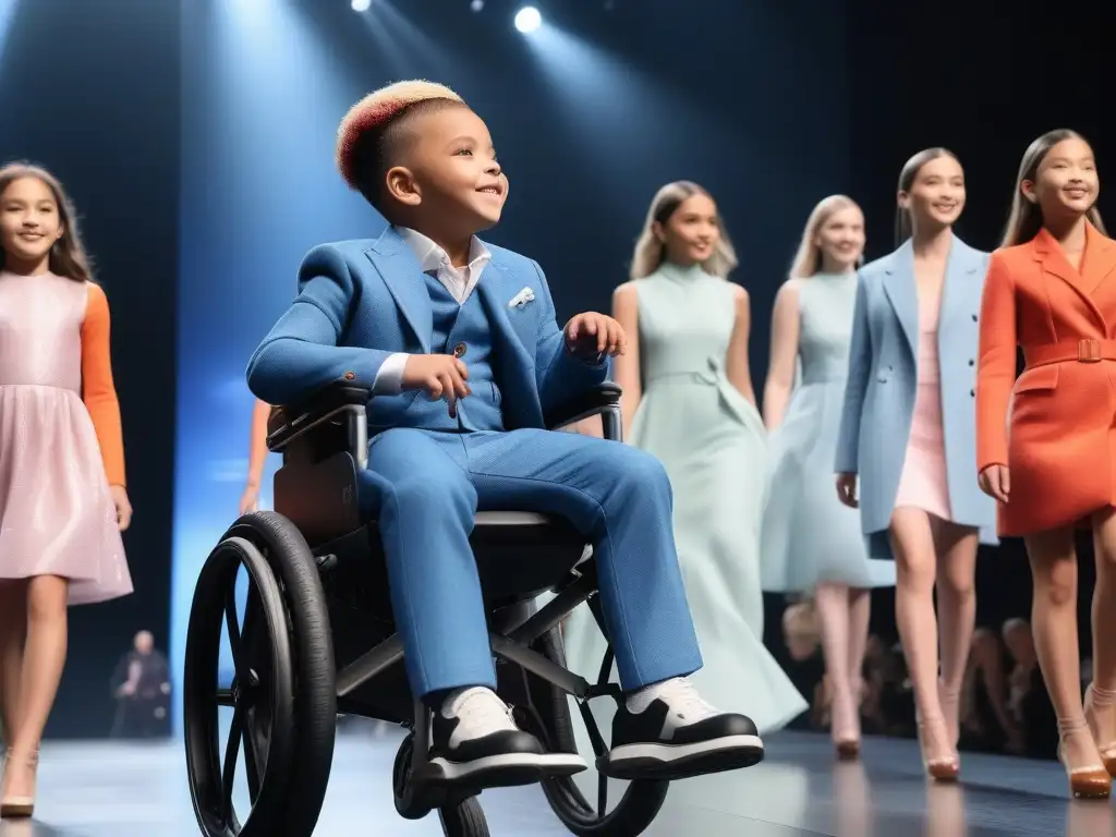 Desfile inclusivo de moda infantil celebra la diversidad Desfile de moda infantil inclusiva con diseñadores entrevistados y niños diversos caminando alegres por la pasarela
