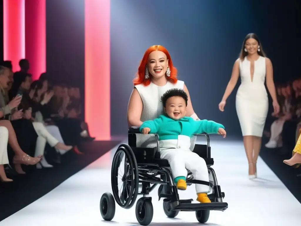 Desfile inclusivo de moda infantil: celebrando la diversidad y la inclusión Desfile de moda infantil inclusiva diseñada por los entrevistados, con niños diversos en la pasarela y una audiencia diversa aplaudiendo