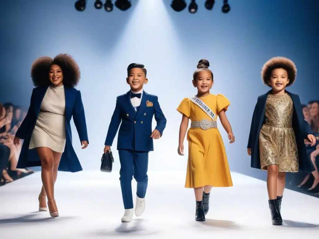 Desfile inclusivo: niños felices con moda diversa Desfile de moda infantil inclusiva para familias: niños diversos felices y seguros en la pasarela con ropa moderna y adaptativa
