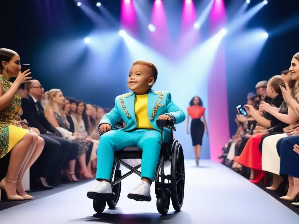 Desfile de moda inclusiva: niños diversos brillan en la pasarela Un desfile de moda infantil inclusiva y cultura pop con niños diversos caminando con confianza por la pasarela luciendo atuendos coloridos y modernos