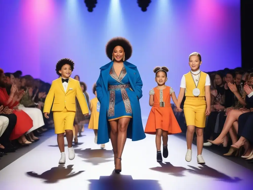 Desfile inclusivo: niños desfilan con moda diversa Desfile de moda infantil inclusivo en pasarela, con niños de diferentes orígenes y habilidades luciendo diseños coloridos