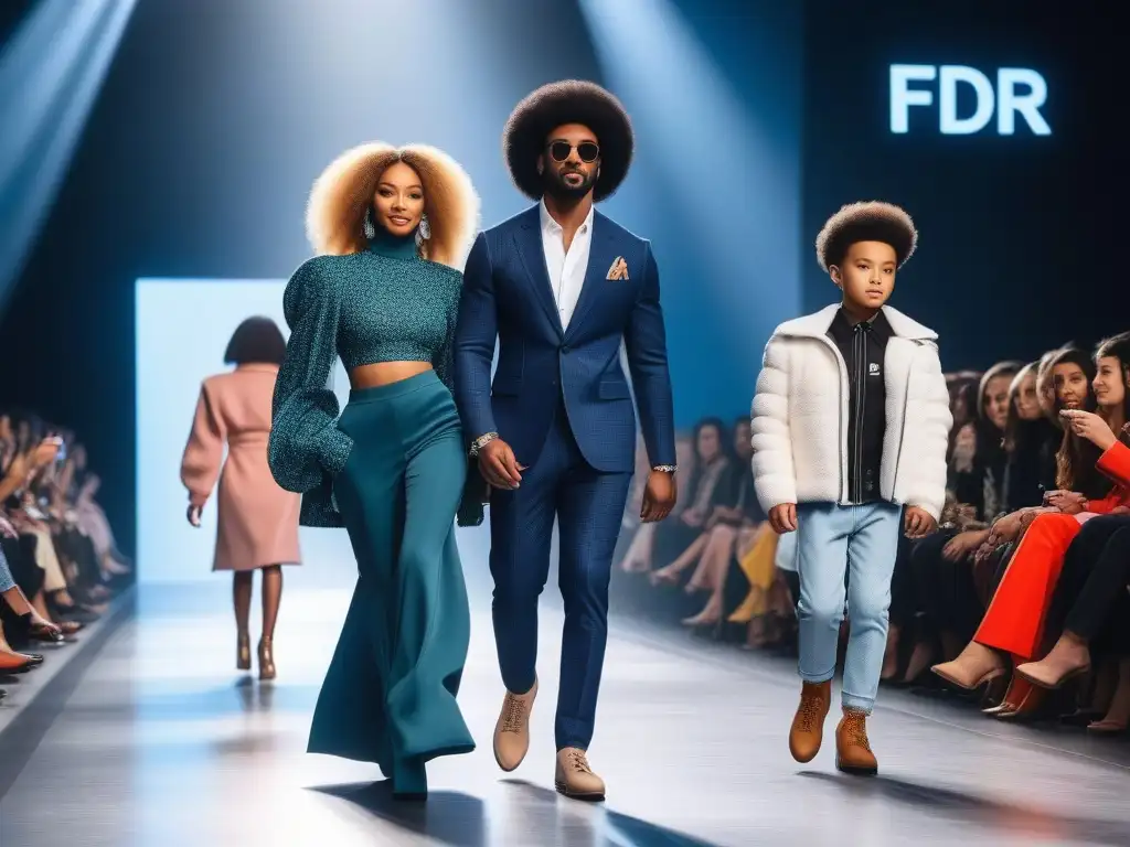 Desfile de moda infantil inclusivo y vanguardista en Fashion Forward 2023 Un desfile de moda infantil inclusivo y moderno, donde niños de diversas etnias y habilidades lucen outfits trendy en una pasarela brillante