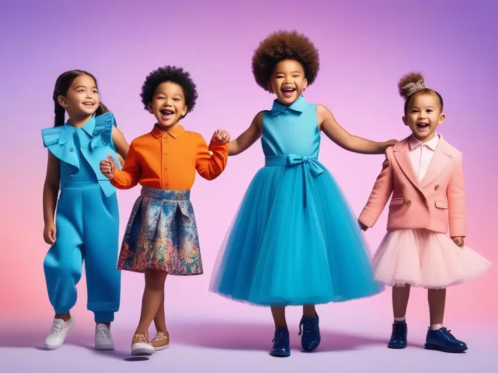 Diversidad y alegría en desfile de moda infantil inclusivo Un desfile de moda infantil inclusivo y diverso, donde niños de distintas etnias y habilidades juegan y ríen juntos