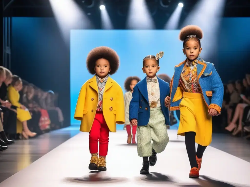 Desfile de moda infantil 2023: Diversidad y estilo en pasarela Desfile de moda infantil 2023: niños diversos lucen outfits únicos en una pasarela vibrante